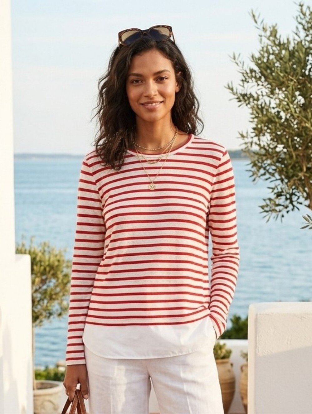 Tory Burch Red and Cream Striped Long Sleeve Tee